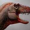 Représentation d'un tyrannosaure la gueule ouverte. On peut voir une rangée de dents acérées. Des lignes verticales comme des cicatrices ponctuent sa machoire. 