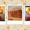 Montage photo d'une lampe, de boîtes en bois et d'un bol à fruits.