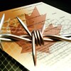 Photo montage of a court document with barbed wire and a Canadian flag.