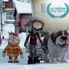 Trois personnages et un chien, dessinés, dans un paysage d'hiver.