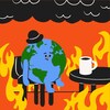 Illustration d'une planète anthropomorphique qui porte un chapeau. Elle est assise à une table avec un café. Tout autour d'elle, il y a des flammes. Pastiche du mème du chien qui dit "This is fine". 