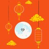Illustration d'une pleine lune qui sourit, entourée d'illustrations de lanternes chinoises et vietnamiennes.
