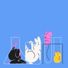 Illustrations. Un rat, un lapin, une souris et un hamster qui sont dans divers outils de laboratoire, tel un bécher et des éprouvettes.