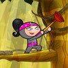 Une petite fille debout sur une branche se prépare à tirer avec son arc.