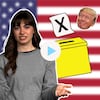 L’animatrice Estelle Fournier a l’air confuse devant une illustration d’un bulletin de vote, le drapeau américain, le visage de Donald Trump, un bouton « Jouer » et le logo de la Minute MAJ.