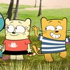 Ollie et Moon dansent avec leur ami rhinocéros vert.