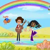 Les personnages de Jérémy et Jazzy qui chantent, avec leurs amis autobus et souris dans un décor magique en nature avec un arc-en-ciel.