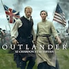 Outlander, le chardon et le tartan. Jamie Fraser et Claire Randall au premier plan sur fond de guerre affichant les drapeaux britannique et américain.