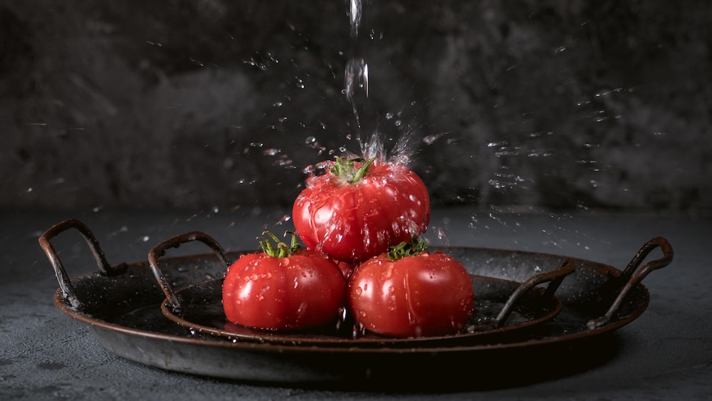 Des tomates arrosées d'eau dans une assiette.