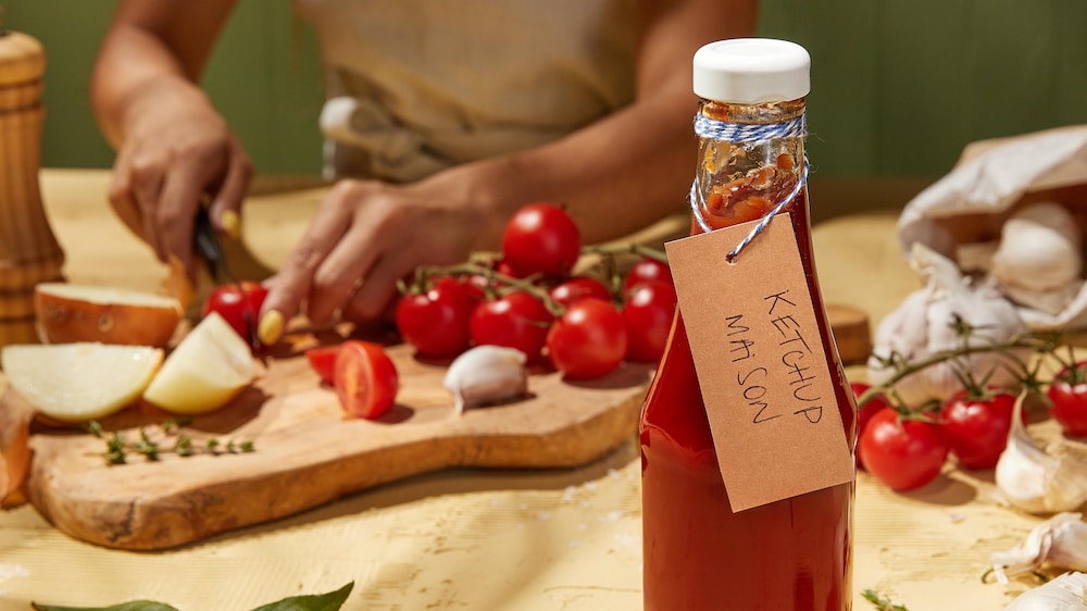 Une bouteille remplie de ketchup maison et une femme qui tranche des tomates en arrière-plan.