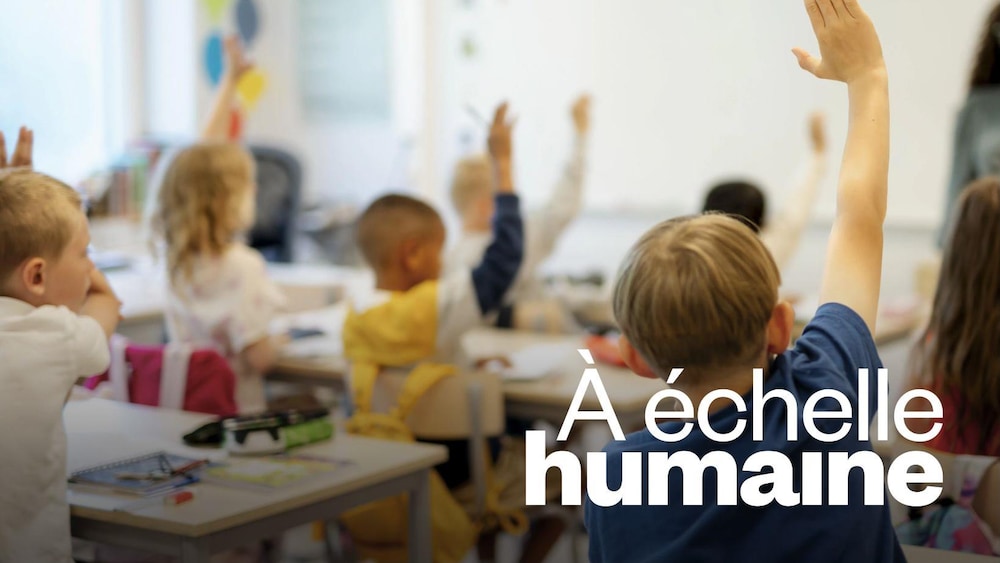 Des écoliers dans une salle de classe levant les mains.