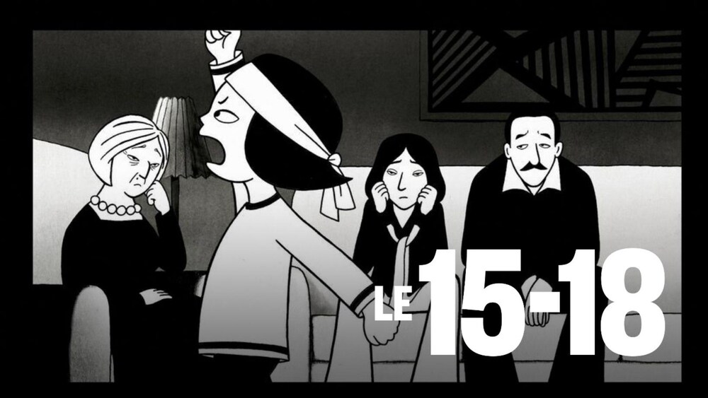 Dessin en noir et blanc d'une petite fille jouant à la manifestante devant sa famille fatiguée