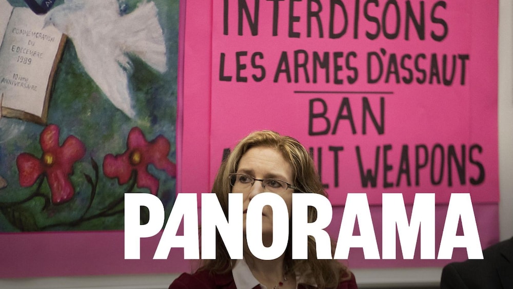 Heidi Rathjen devant une affiche appelant à l'interdiction des armes d'assaut.