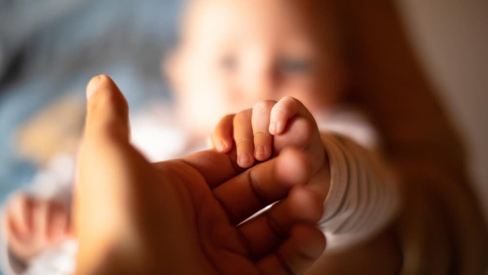 Une main d'adulte tenant celle d'un nouveau-né.