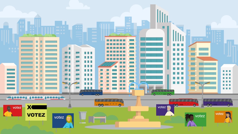 Dessin de plusieurs autobus aux couleurs des principaux partis dans une ville.