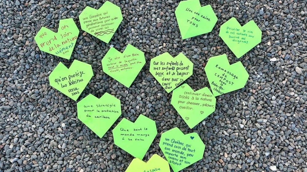 Des coeurs sur lesquels on retrouve des souhaits en matière d'environnement écrits à la main.