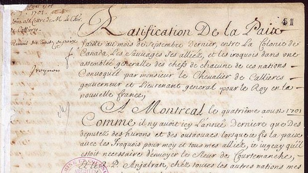 L'une des pages du traité de la Grande Paix de Montréal, ratifié en 1701 entre la France et 39 nations autochtones.