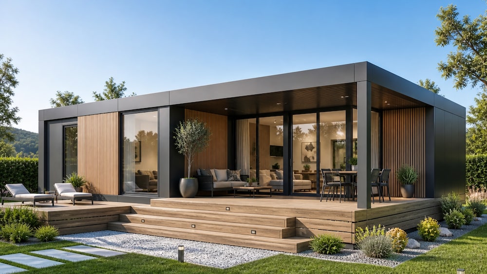 Modélisation d'une maison de type plein pied, dans un décor avec plusieurs arbres et une colline au loin.