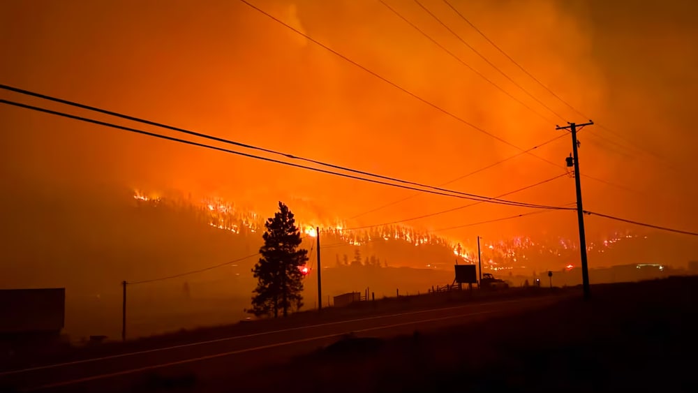 Poteau, ligne électrique fuyante sur fond de ciel postapocalyptique orange et flammes qui brûlent dans une forêt au loin. 