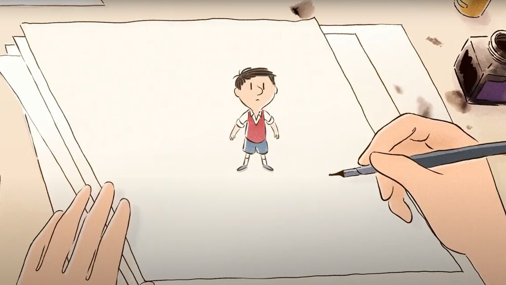 Capture d'écran de YouTube Un petit personnage avec une veste rouge, dessiné sur une feuille.