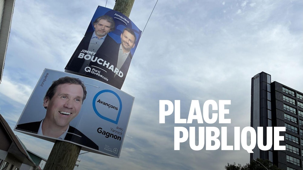 Une pancarte électorale de Yannick Gagnon et une de Jimmy Bouchard installées sur un poteau à Jonquière. 