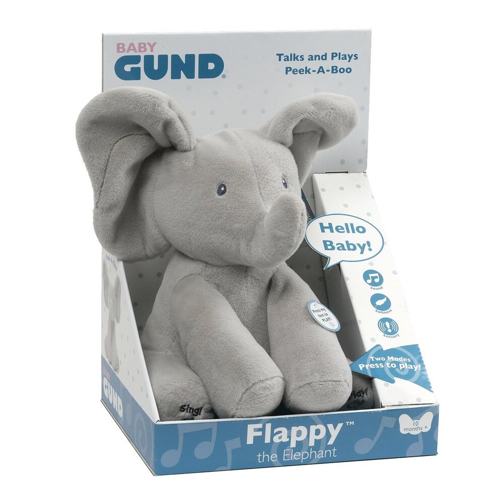 Une peluche en forme d'éléphant dans sa boîte originale.