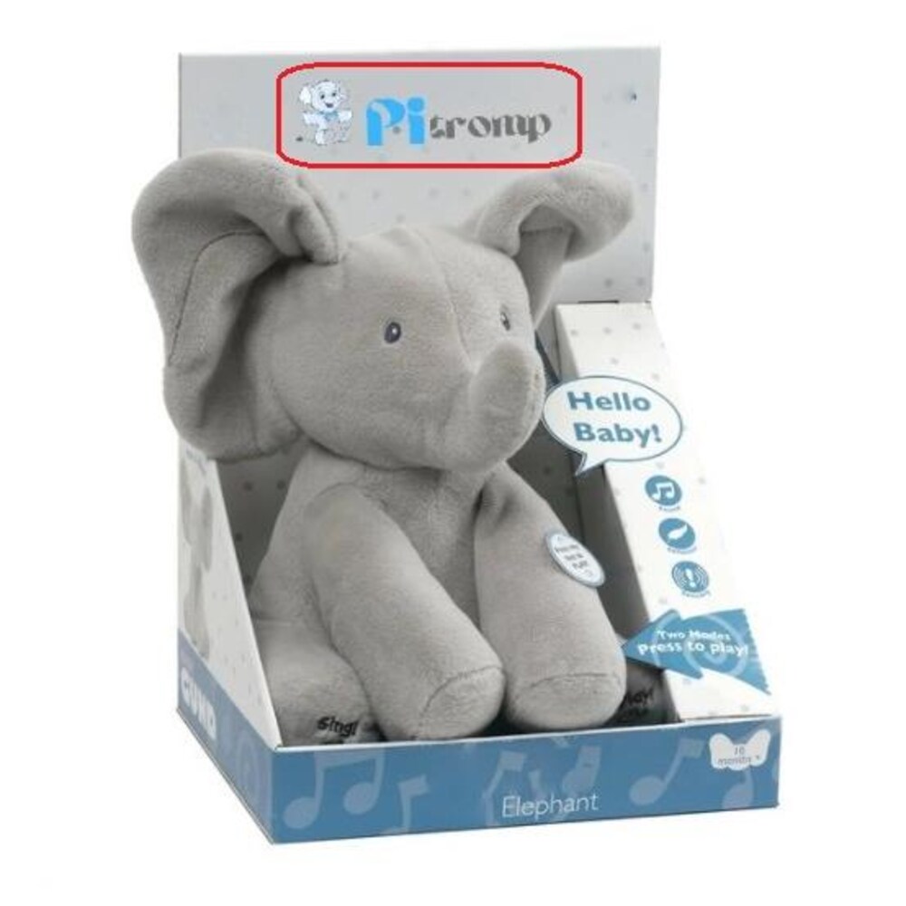 Une peluche en forme d'éléphant dans sa boîte d'emballage.