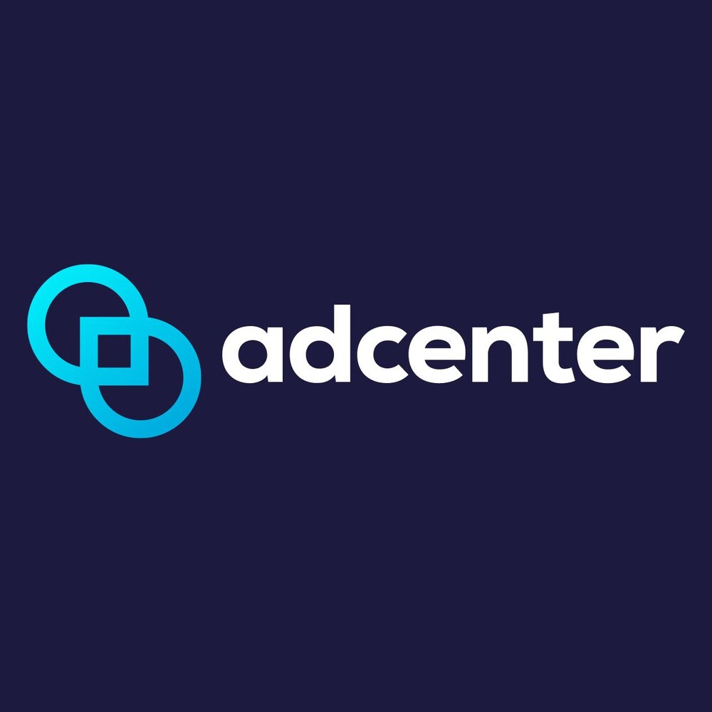 Le logo d'AdCenter sur un fond bleu.