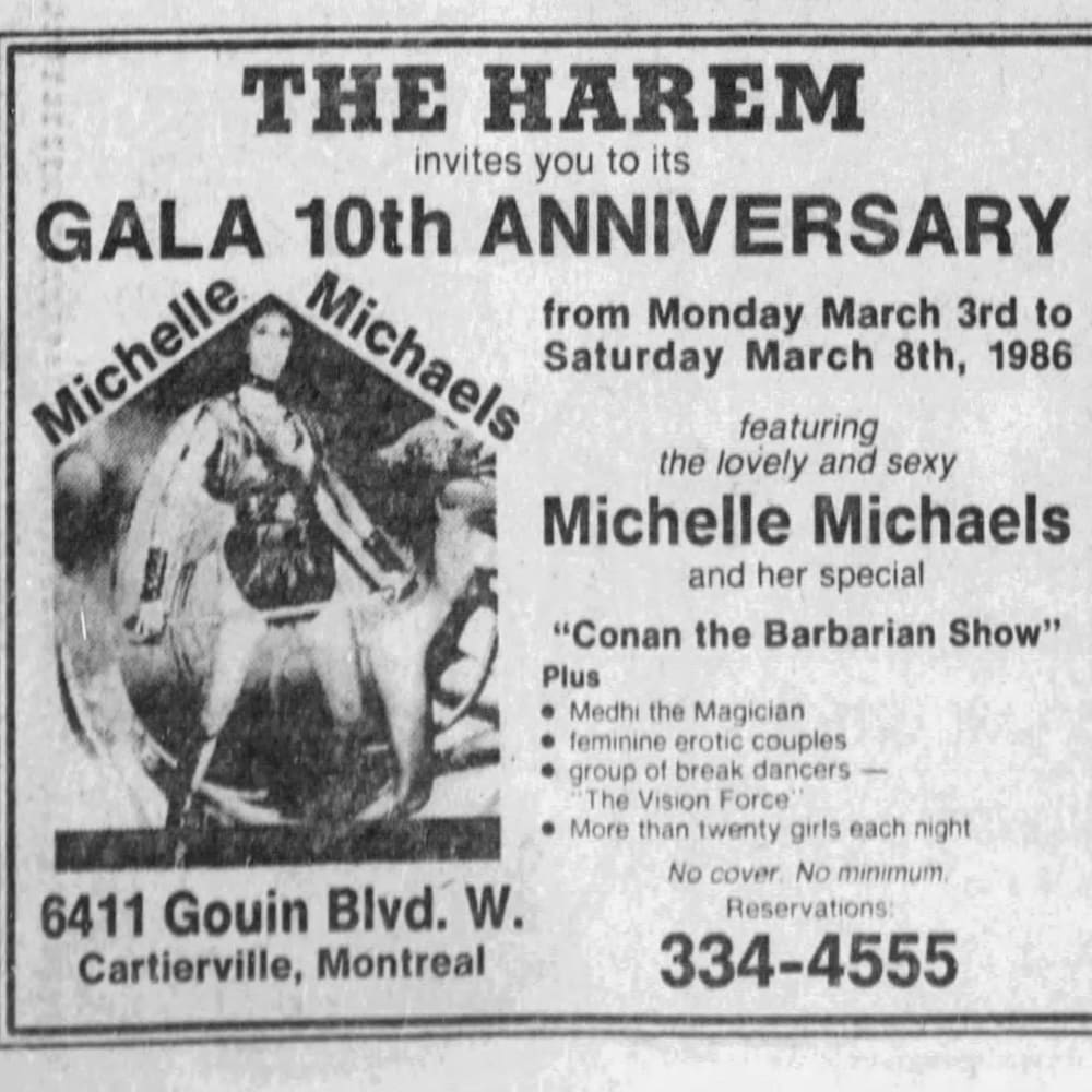 Une annonce publiée en 1986 dans le quotidien anglophone «The Gazette» à Montréal pour un spectacle de danseuses érotiques ainsi que d'un magicien et de danseurs hip-hop.