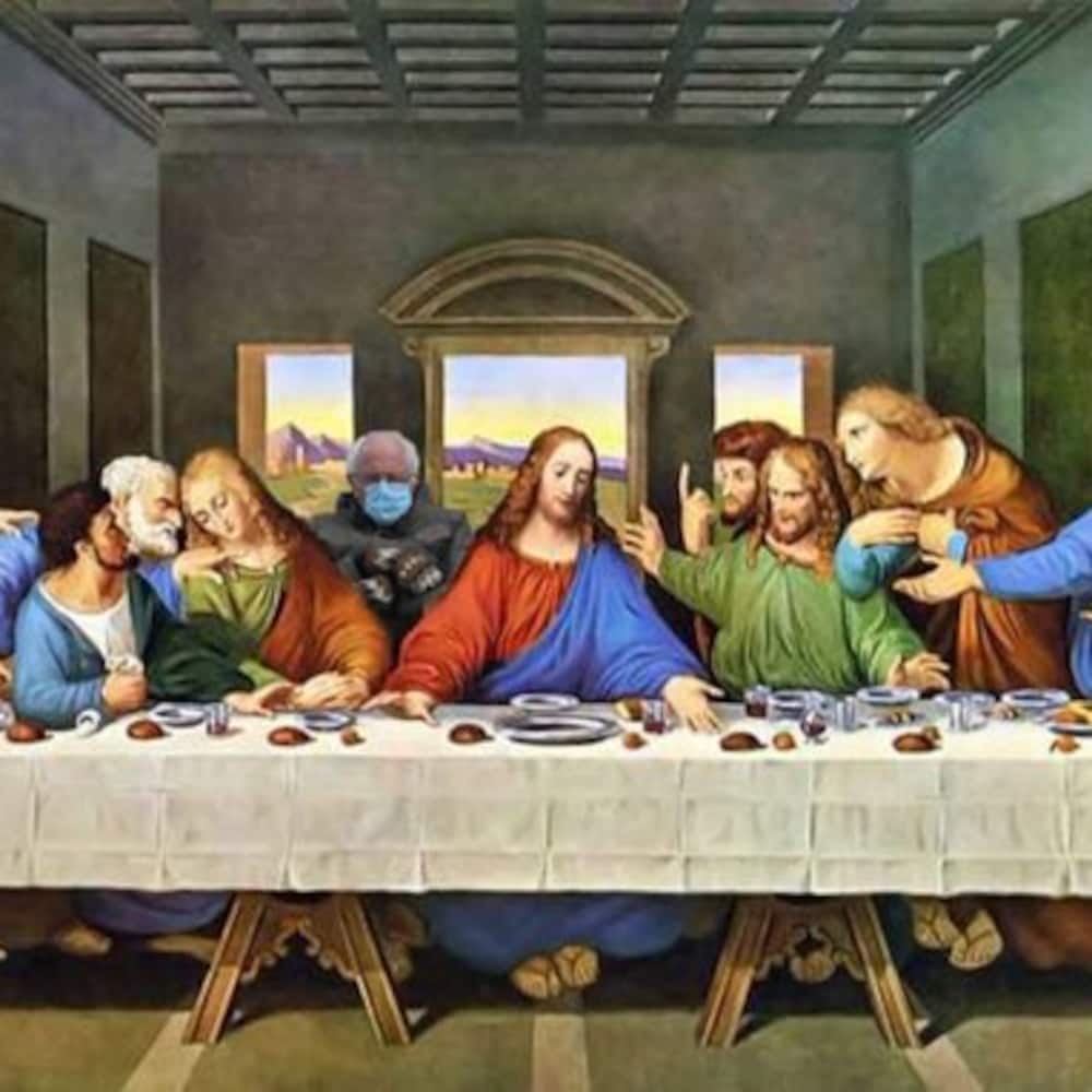 Montage de Bernie Sanders sur une toile de l'époque de la Renaissance signée par Léonard de Vinci.
