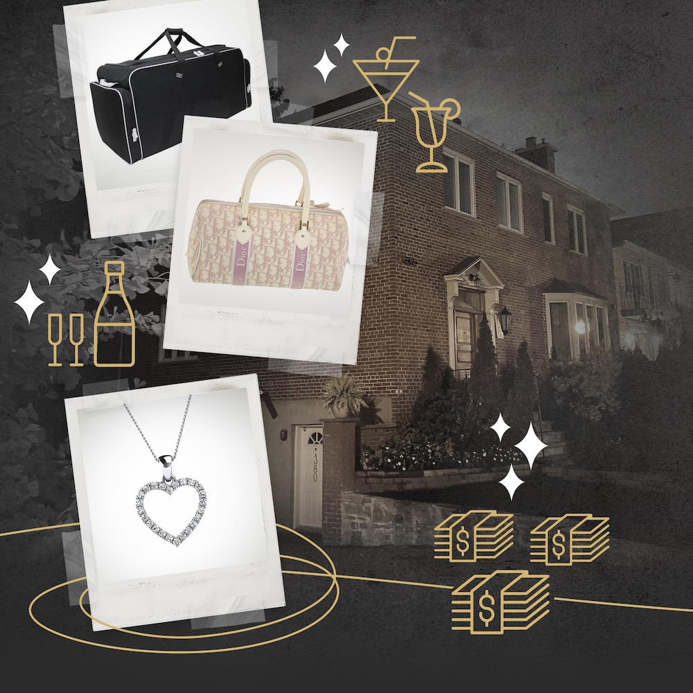 Une valise, un sac à main, un bijou et en arrière-plan une maison.
