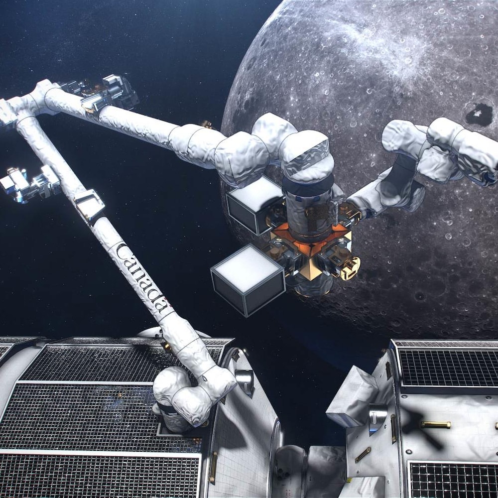 Illustration artistique du Canadarm3 devant la Lune.