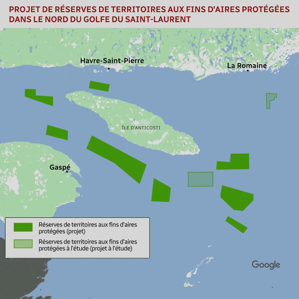 Une carte des projet de réserves de territoires aux fins d'aires protégées dans le nord du golfe du Saint-Laurent.