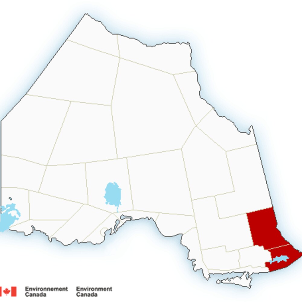 Une carte de prévisions météo dans le Nord de l'Ontario. Deux régions sont en rouge.