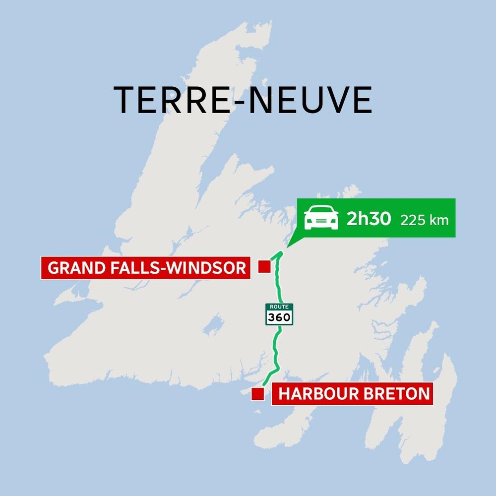 Une carte montre la distance entre Harbour Breton et Grand Fals-Windsor.