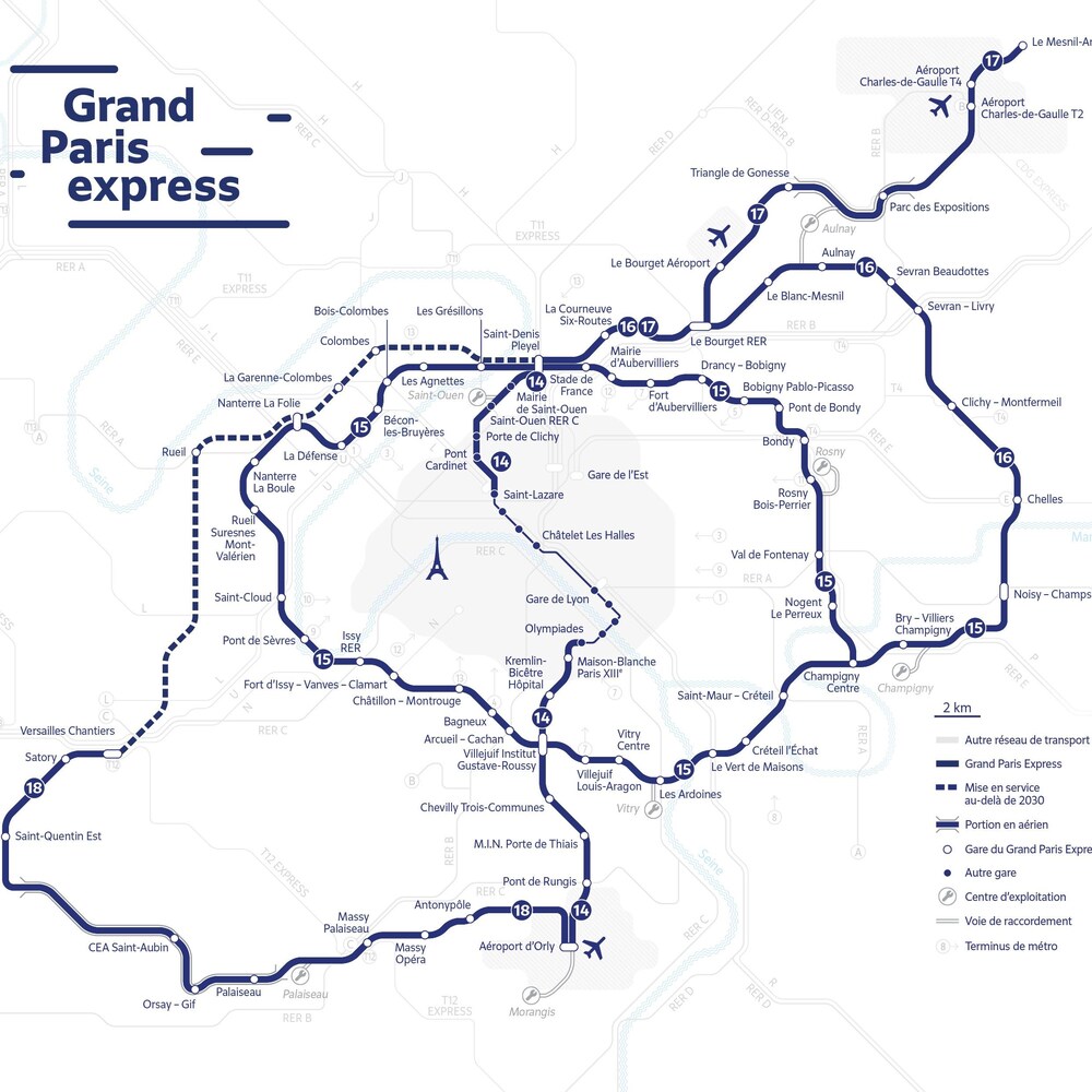 Carte montrant les nouvelles lignes prévues du Grand Paris Express