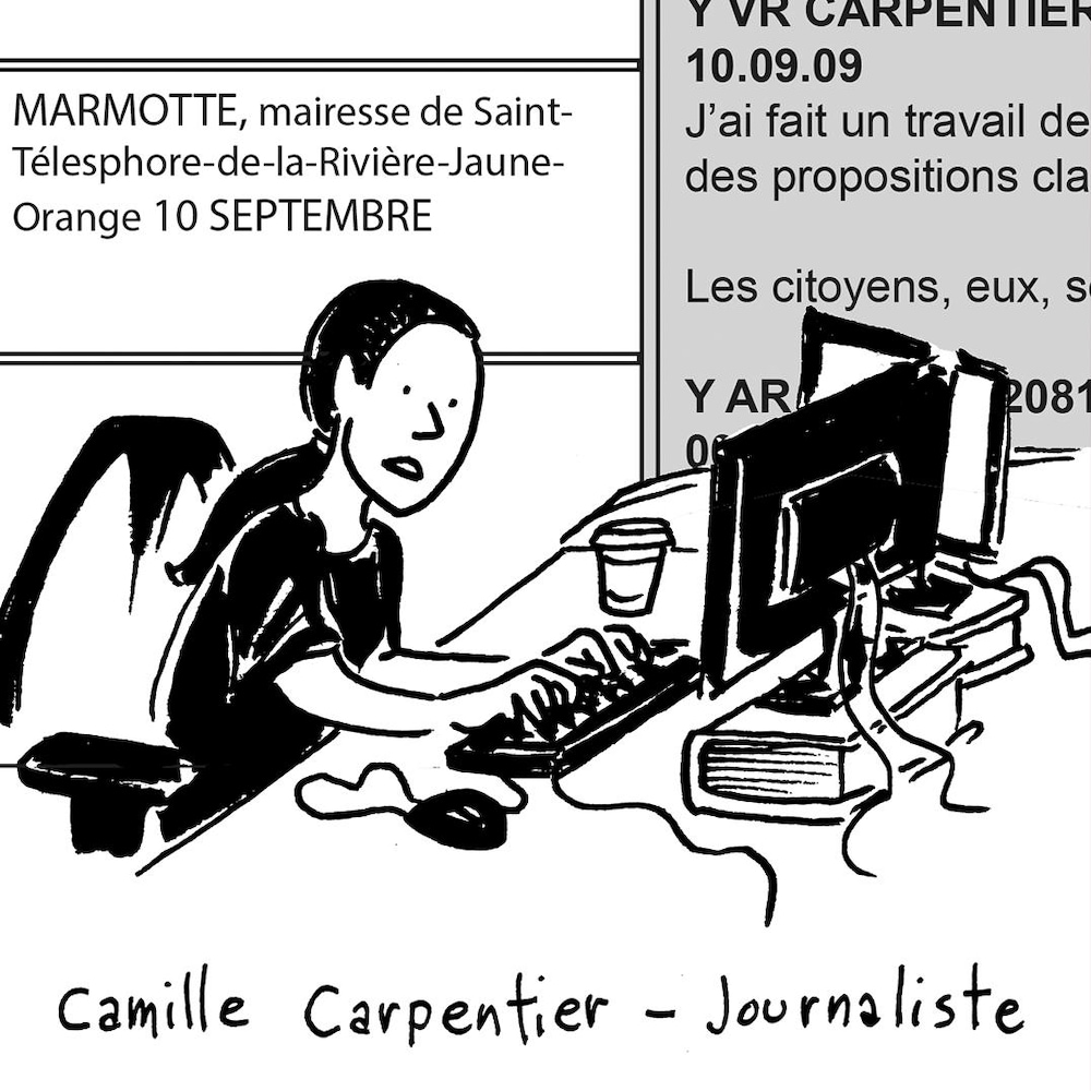 La journaliste Camille Carpentier est assise devant son ordinateur et consulte des fichiers numériques au sujet de la marmotte.