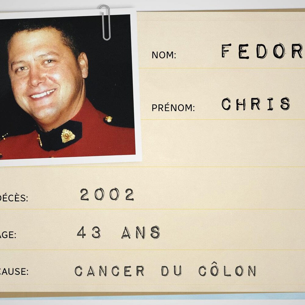 Fiche médicale ayant les informations suivantes - Nom : Chris Fedor; Décès :2002; Âge : 43 ans; Cause: Cancer du côlon.