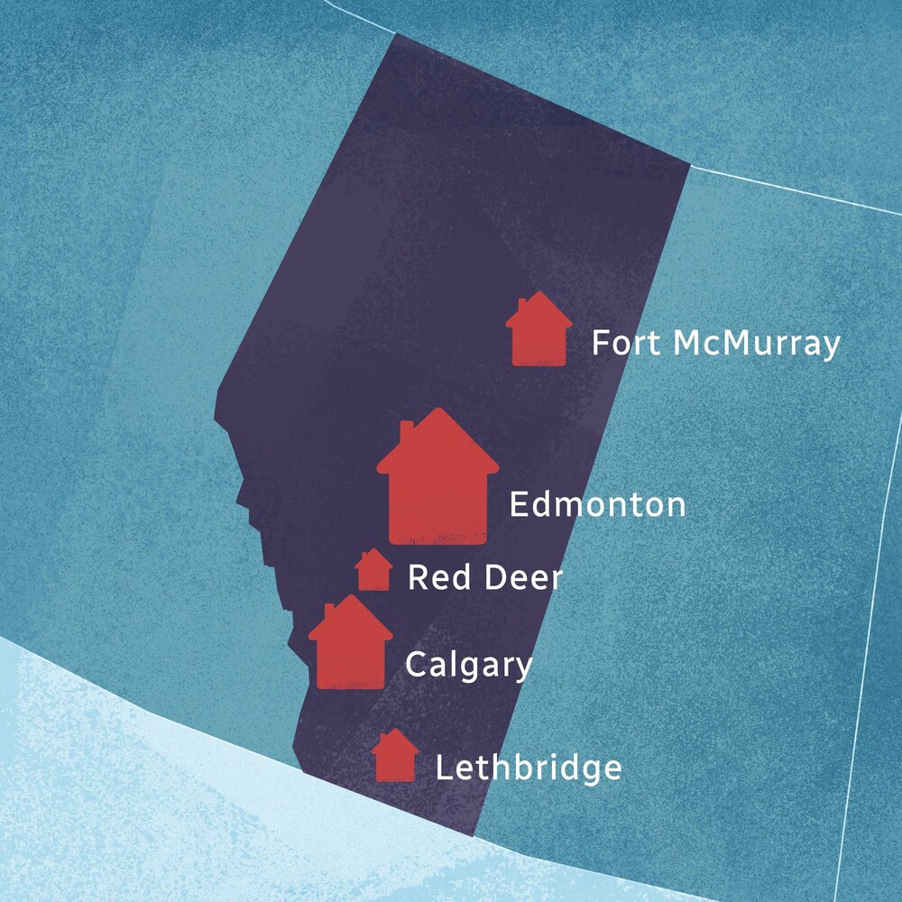 Une carte illustrée montrant des villes principales de l'Alberta avec des maisons de différentes grosseurs en fonction du nombre de clients de John McKale.
