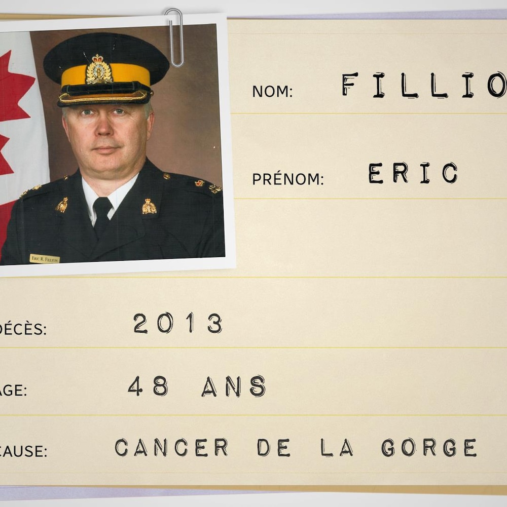 Fiche médicale avec les informations suivantes : Nom : Eric Fillion. Décès : 2013 Âge : 48 ans Cause : Cancer de la gorge.