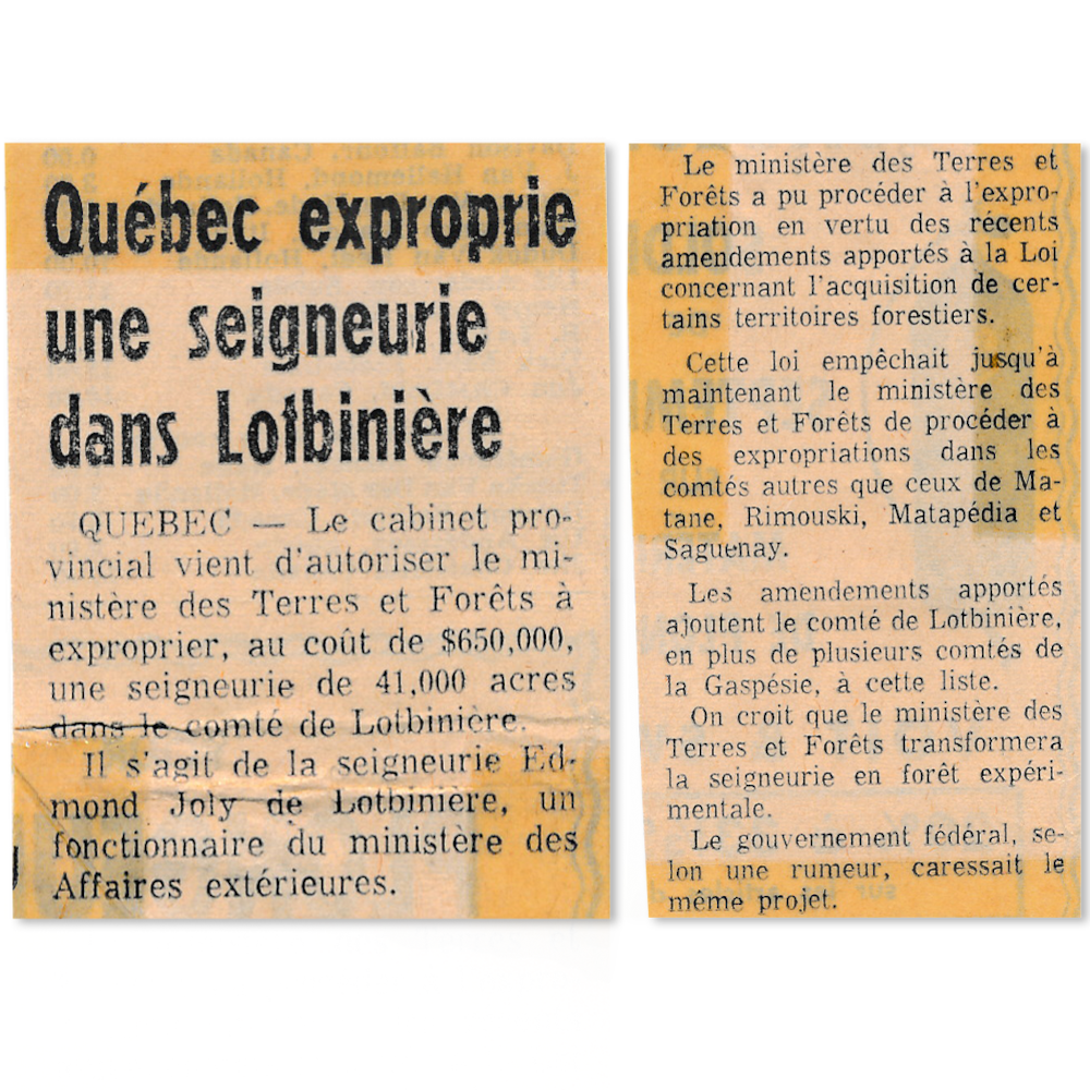 Découpure. de journal jaunis, sur lequel on lit le titre « Québec exproprie une seigneurie dans Lotbinière »