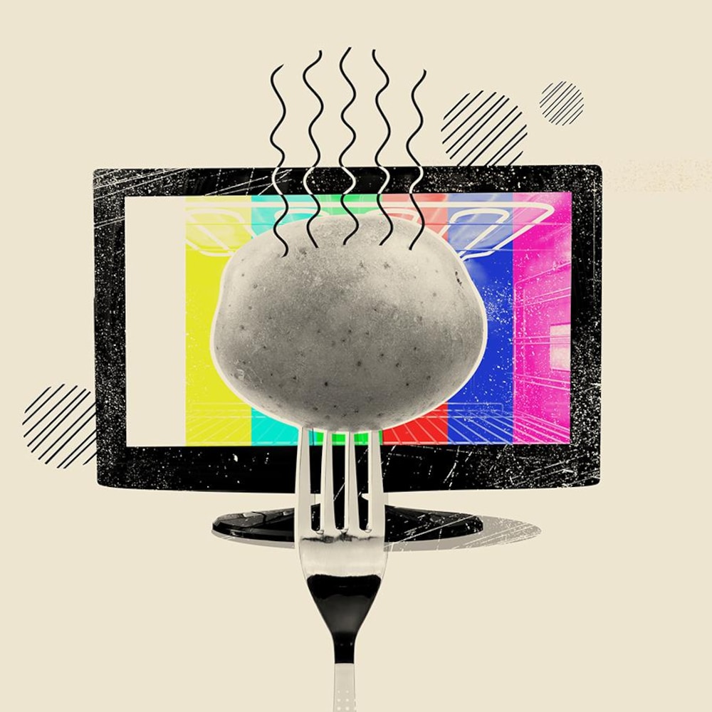 Infographie où une patate chaude est superposée à un écran de télévision.