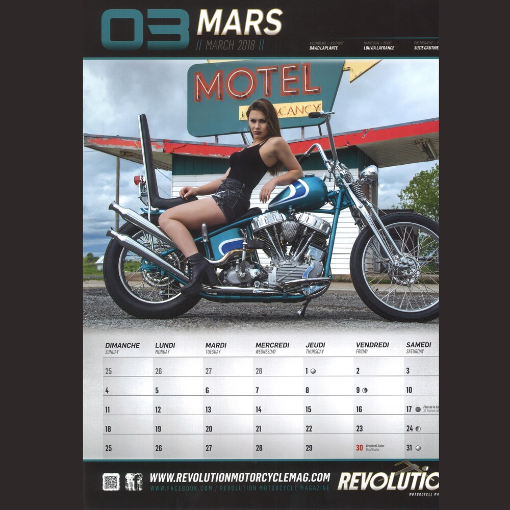 Une page d'un calendrier avec une moto réalisée par Dominic Simard.