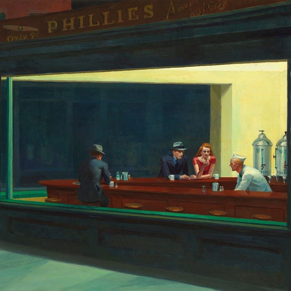 Le tableau Nighthawks montre un couple attablé au comptoir d'un restaurant.