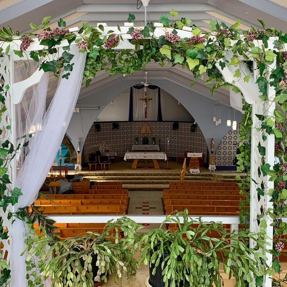 Un décor pour un mariage composé de plantes dans l'église.