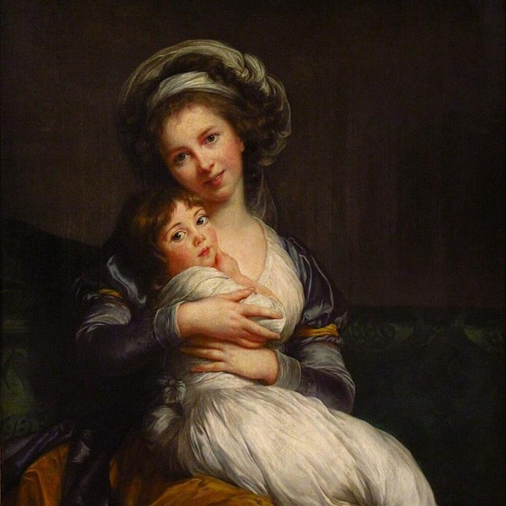 La toile montre la peintre enlaçant sa fille.
