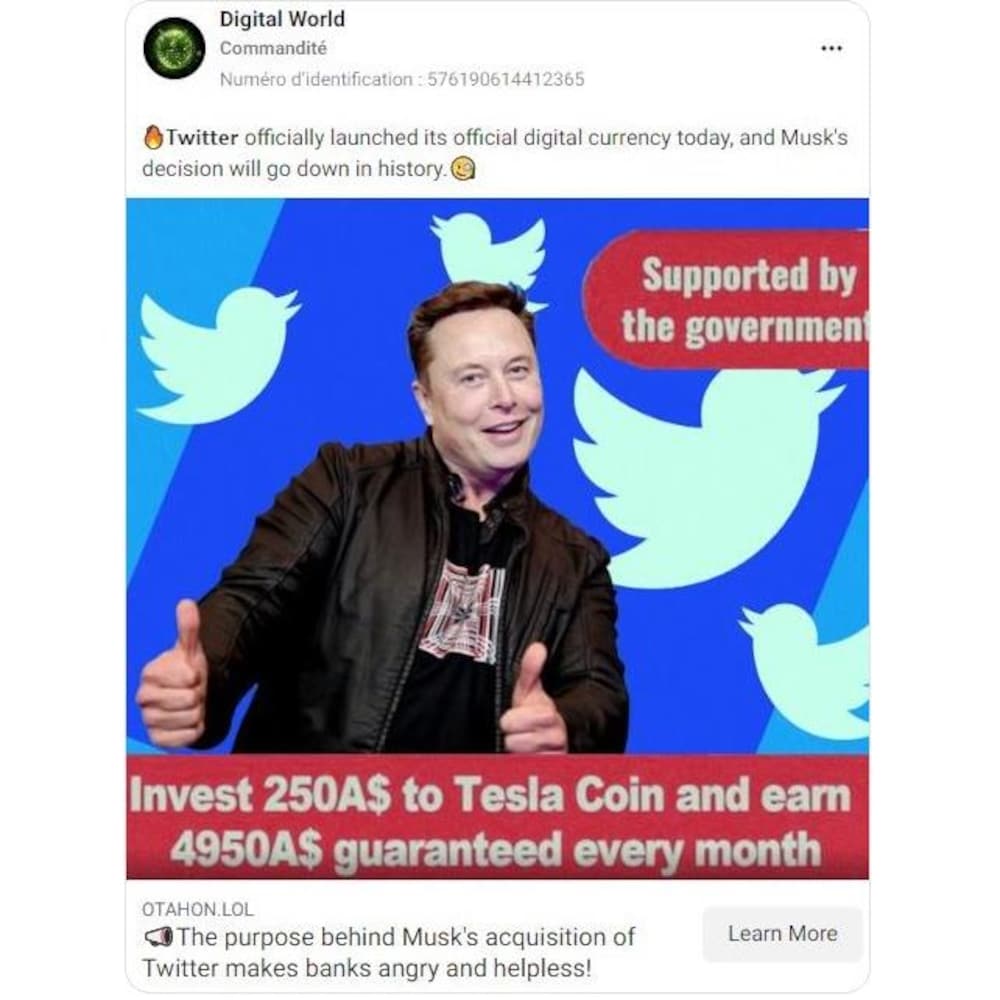 Une publicité frauduleuse incitant les gens à investir dans le "Tesla Coin". 