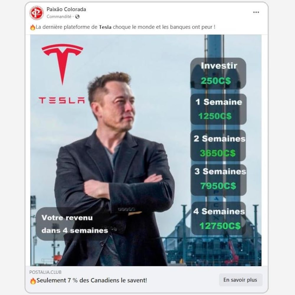 Une publicité qui comporte le logo de Tesla et le visage de son patron, Elon Musk, promet aux Canadiens qu'ils pourront faire beaucoup d'argent.