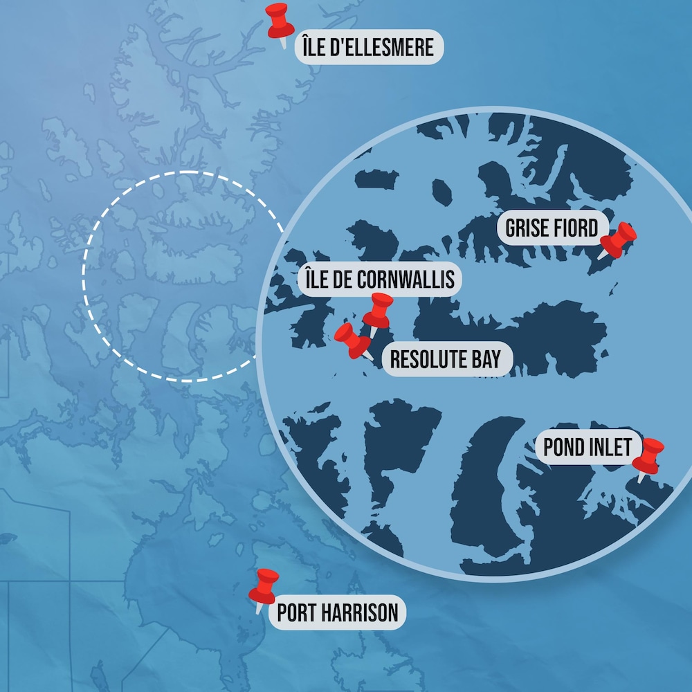 Carte des lieux : Grise Fiord, île d'Ellesmere, île de Cornwallis, Resolute Bay, Pond Inlet et Port Harrison.