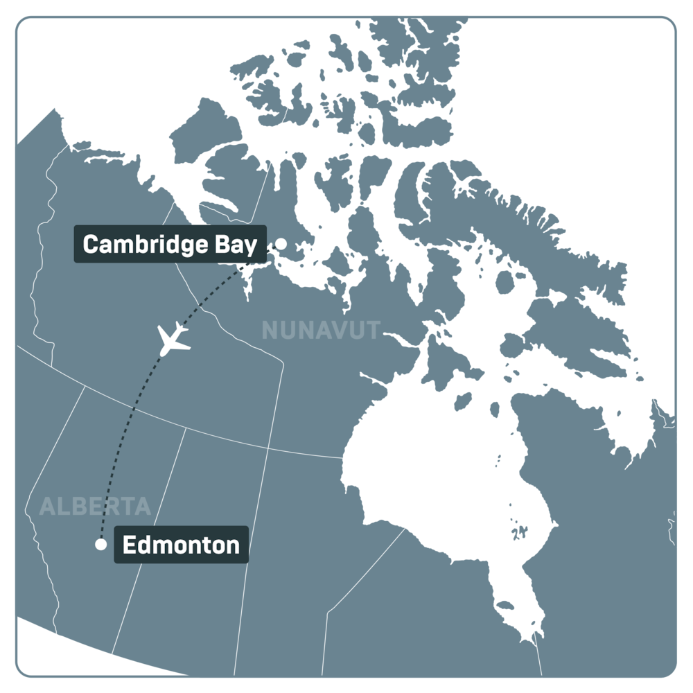 Carte du trajet entre Cambridge Bay et Edmonton.